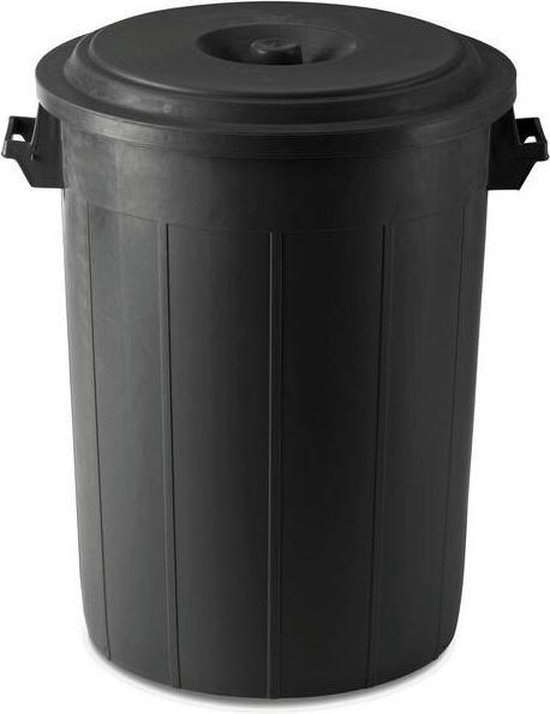 Zwarte kunststof afvalbak van 70 liter met deksel en handvatten.