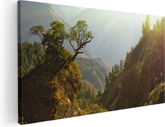 Artaza Peinture Sur Toile Forêt Dans Les Montagnes Avec Soleil - Couleur - 80x40 - Tableau Sur Toile - Impression Sur Toile