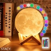 Stacy Maanlamp 3D - Ø15cm - Maan Lamp - 16 kleurstanden + Afstandsbediening - USB Oplaadbaar - LED Aanraaksensor -  Houten standaard