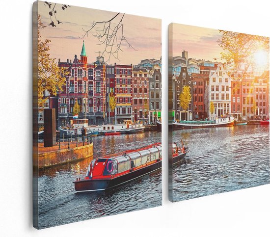 Artaza - Peinture sur toile Diptyque - Maisons d'Amsterdam des canaux - 120x80 - Photo sur toile - Impression sur toile