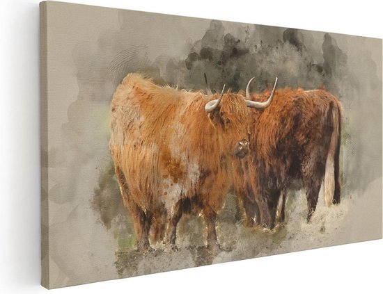 Artaza Canvas Schilderij Twee Schotse Hooglander Koeien - Abstract - 60x30 - Foto Op Canvas - Canvas Print
