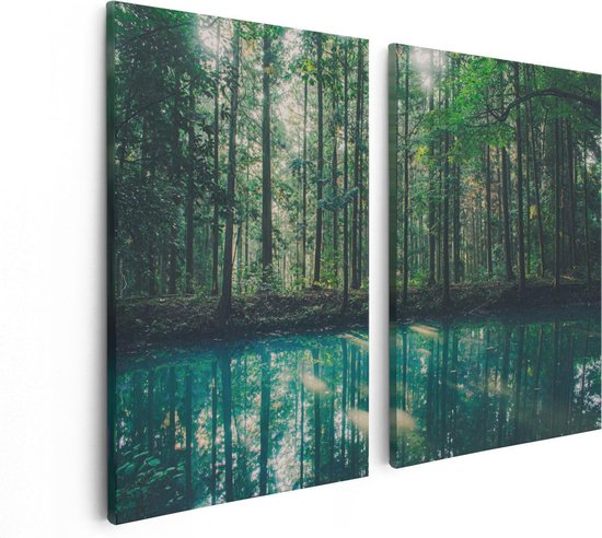 Artaza - Diptyque de peinture sur toile - Forêt au bord d'un lac vert - 80x60 - Photo sur toile - Impression sur toile