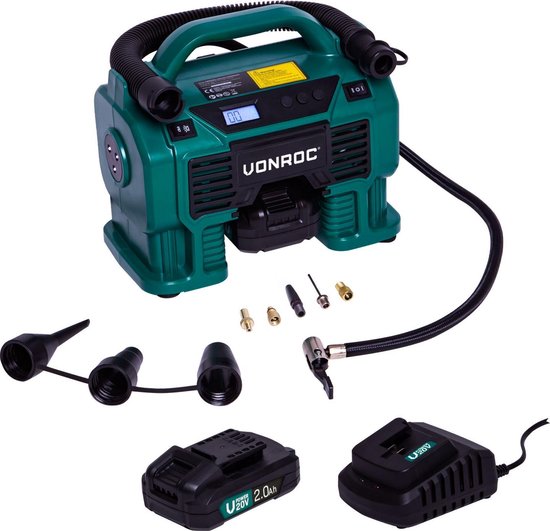 VONROC Accu compressor VPower 20V – 20V accu & 12V aansluiting – Incl. accessoires, 2x 2.0Ah accu