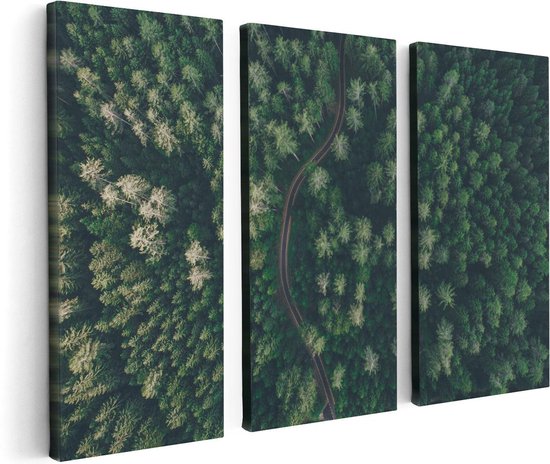 Artaza Canvas Schilderij Drieluik Weg Door Bos Met Bomen - Bovenaanzicht - 120x80 - Foto Op Canvas - Canvas Print