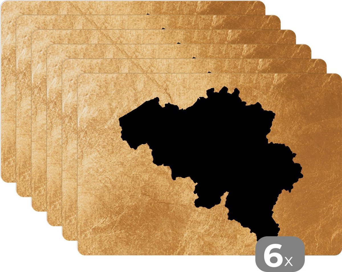 Placemat Placemats kunststof Kaart België Zwart Goud 45x30 cm 6 stuks