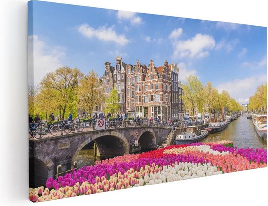 Artaza Canvas Schilderij Amsterdamse Huisjes Aan De Grachten  - 120x60 - Groot - Foto Op Canvas - Canvas Print