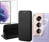 Samsung Galaxy S21 FE Hoesje - Book Case Lederen Wallet Cover Minimalistisch Pasjeshouder Hoes Zwart - Tempered Glass Screenprotector - Camera Lens Protector