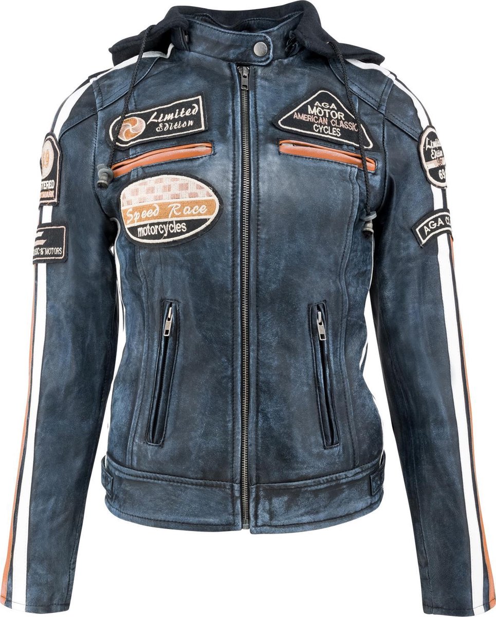 Urban 5884® - 66 - Dames jas - Biker jack - Lams leren jas - Afneembare Hoodie - Denim Maat 5XL