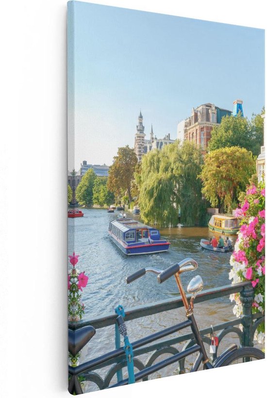 Artaza Toile Peinture Amsterdam Canal Avec Fleurs - 80x120 - Groot - Photo Sur Toile - Impression Sur Toile