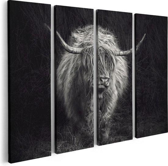 Artaza - Quadriptyque de peinture sur toile - Vache écossaise Highlander - Zwart Wit - 80x60 - Photo sur toile - Impression sur toile