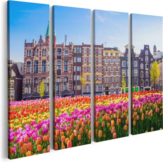 Artaza Canvas Schilderij Vierluik Amsterdamse Huisjes Met Tulpen - Kleur - 80x60 - Foto Op Canvas - Canvas Print