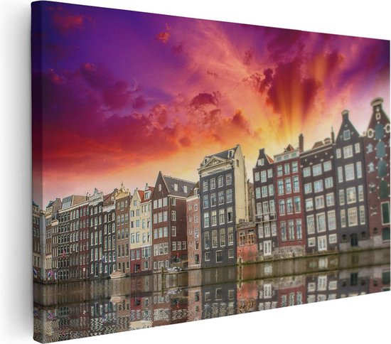 Artaza Canvas Schilderij Amsterdamse Huisjes Bij Het Kanaal - Kleur - 90x60 - Foto Op Canvas - Canvas Print - Muurdecoratie