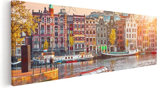 Artaza Canvas Schilderij Amsterdamse Huisjes Vanaf De Grachten - 90x30 - Foto Op Canvas - Canvas Print