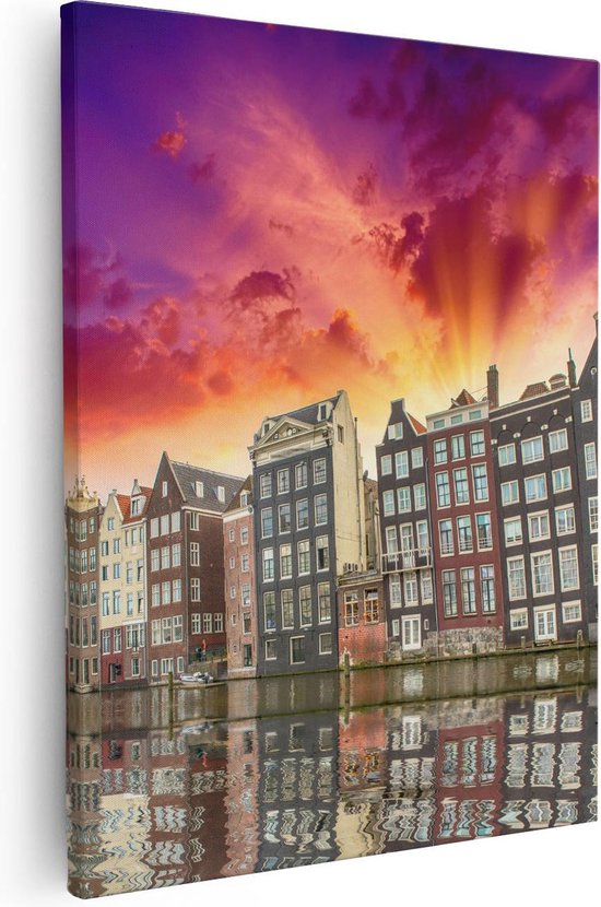 Artaza Canvas Schilderij Amsterdamse Huisjes Bij Het Kanaal - Kleur - 40x50 - Foto Op Canvas - Canvas Print