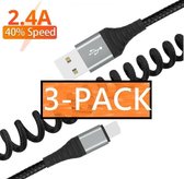 3x USB-C Data- en Laadkabel 1.5M - Uitrekbaar - Krulsnoer- 2.4A Snellader Kabel - Fast en Quick Charge Oplaadkabel - Type C Naar USB-A - Oplaadsnoer Telefoon - Laptop - Samsung Gal