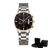 NIBOSI Horloges voor Vrouwen – Quartz - Ø 36 mm – Zilver/Rosé/Zwart - Waterdicht tot 3 BAR - Chronograaf - Geschenkset