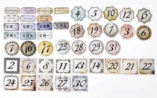 45 verschillende Stickers Datum en Dagen - Cijferstickers - MT085