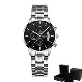 NIBOSI Horloges voor Vrouwen – Quartz - Ø 36 mm – Zilver/Zwart - Waterdicht tot 3 BAR - Chronograaf - Geschenkset