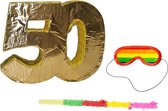 Pinata goud 50 jaar leeftijd + stok + masker - complete set leeftijd feestartikelen
