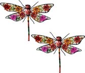 2x stuks grote metalen libelle gekleurd 27 x 33 cm tuin decoratie - Tuindecoratie libelles - Dierenbeelden hangdecoraties