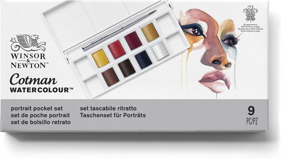 Boîte à aquarelle Winsor & Newton Cotman blanche fermée. Sur la boîte, une aquarelle de visage.