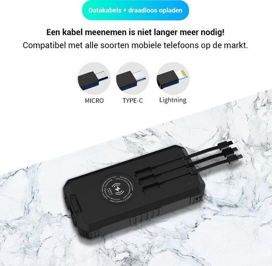 Solar Powerbank 30000 mAh voor Iphone en Samsung Wireless Charger - met USB C Micro USB en Lightning - Zwart - Tensfact®