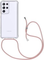 Samsung S21 Ultra Hoesje - Samsung Galaxy S21 Ultra hoesje transparant met rosé koord shock proof case