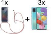 Samsung A51 Hoesje - Samsung Galaxy A51 hoesje transparant met rosé koord shock proof case - 3x Samsung A51 screenprotector