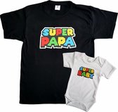 Set t-shirt en romper met "Super papa" en "Super baby" - maat t-shirt M - maat romper 80 - vaderdag, cadeautje, kraamcadeau, grappig, geschenk, baby, tekst, gamen, games