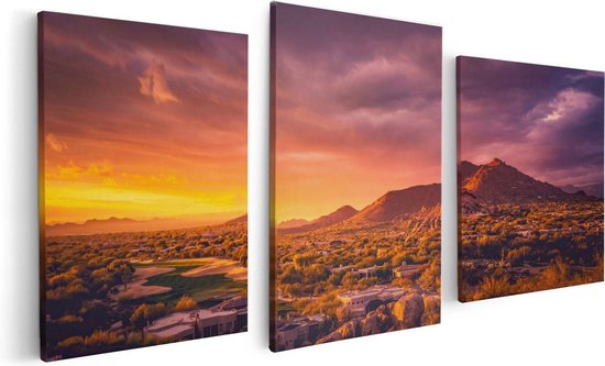 Artaza Canvas Schilderij Drieluik Woestijn Landschap Met Zonsondergang  - 120x60 - Foto Op Canvas - Canvas Print