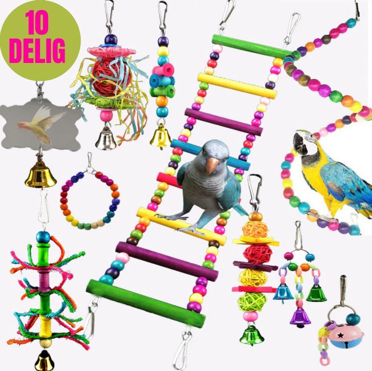 Vogelspeelgoed 10-delig - Set met Ladder, belletjes, spiegel, kralen, loopbrug voor in de vogelkooi of voliere. - Voor parkiet, papegaai, valkparkiet etc. - Merkloos