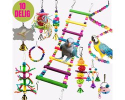 Vogelspeelgoed 10-delig - Set met Ladder, belletjes, spiegel, kralen, loopbrug voor in de vogelkooi of voliere. - Voor parkiet, papegaai, valkparkiet etc.