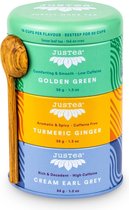 Trio Special Tea | JUSTEA | 110 gram | 90 kop | Golden Green | Turmeric Ginger | Cream Earl Grey | Thee geschenk | Biologische losse thee | Fairtrade | NON-GMO.