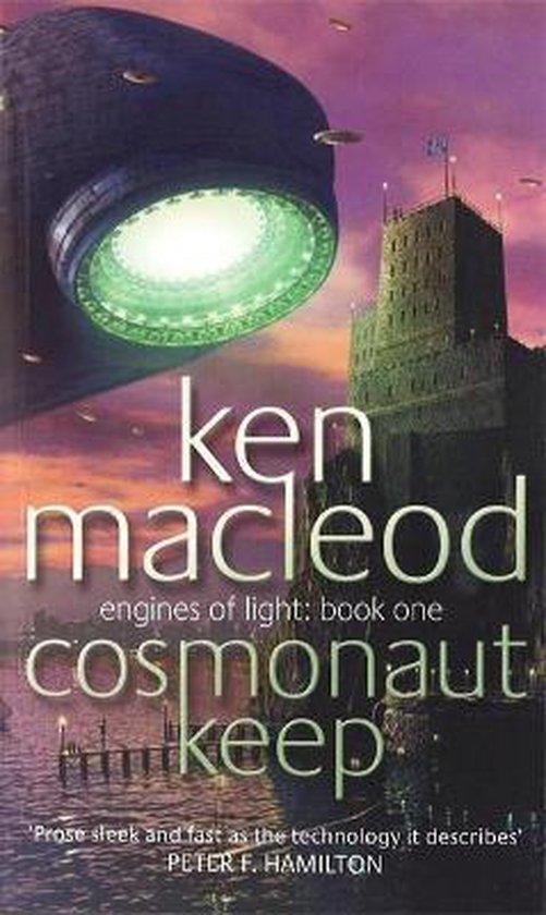 Boekomslag van 'Cosmonaut Keep' van Ken Macleod, met een futuristisch schip boven een kasteel