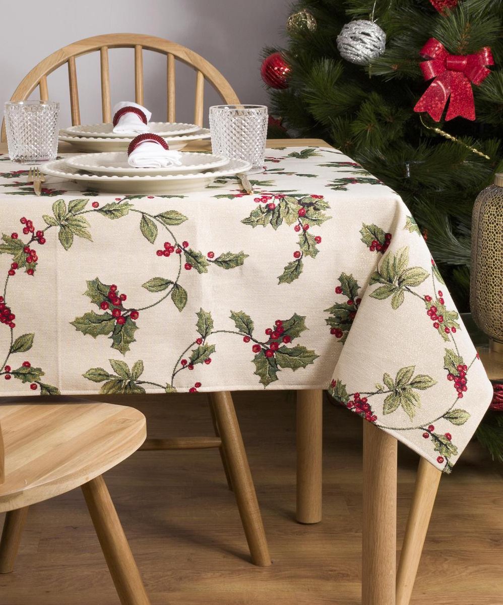 Tafelkleed - Luxe gobelinstof - Mistletoe - Kerst - Hulst - Rechthoek 260 x 140 cm