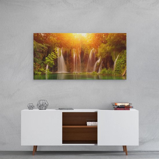 Artaza - Peinture Sur Toile - Chutes d'eau Au Lac Vert Avec Soleil - 100x50 - Groot - Photo Sur Toile - Impression Sur Toile