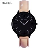 MATTISE Unisex Zwart Horloge met Roze Horlogebandje van Echt Leer — Meis3 38 mm Quartz Heren Horloge Dames — Horloge voor Mannen Horloge voor Vrouwen — Horloges Horologe Uurwerk Ma