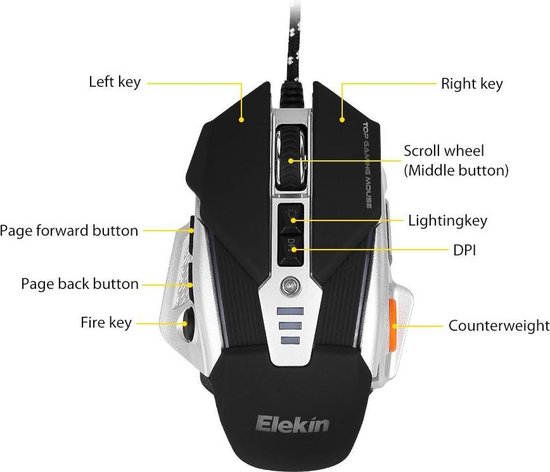Elekin - Gaming Muis - USB - Bedraad - Ergonomisch - Instelbare Dpi