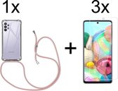 Samsung A32 5G Hoesje - Samsung Galaxy A32 5G hoesje transparant met rosé koord shock proof case - 3x Samsung A32 5G screenprotector
