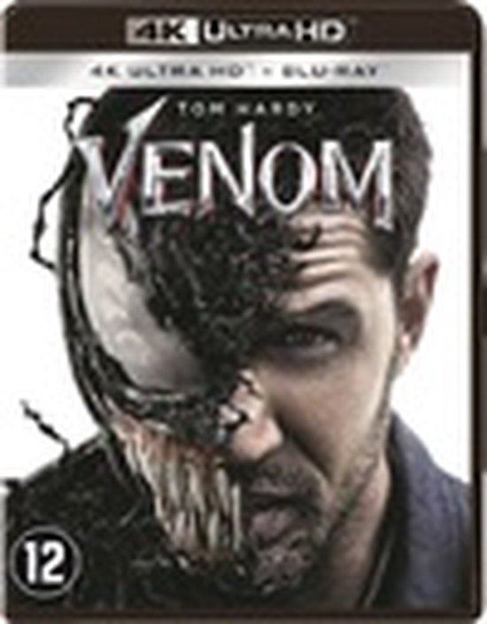 De cover van de Venom 4K Ultra HD Blu-ray met Tom Hardy half gezicht en half Venom.