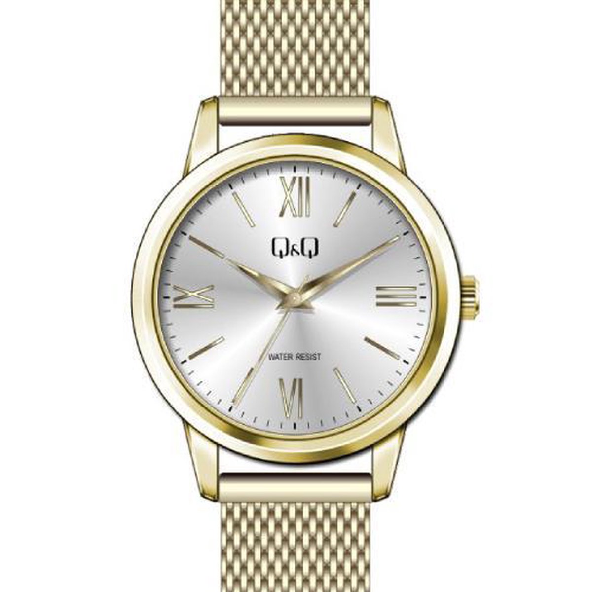 prachtig goudkleurig dames horloge van QQ model qb03j803y met verstelbare mesh band 3 atm waterdicht