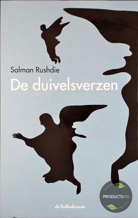 Boekomslag van De Duivelsverzen met silhouetten van gevleugelde figuren en gezichten op een lichtblauwe achtergrond.