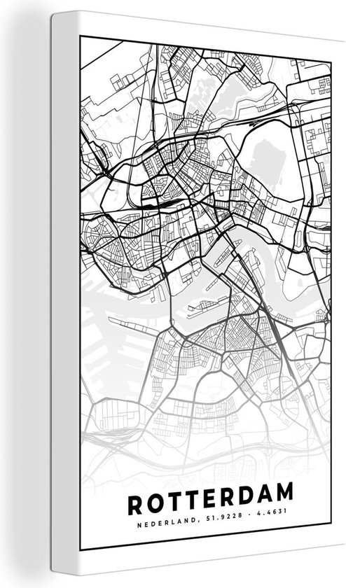 Canvas Schilderij Kaart - Rotterdam - Zwart - Wit - 40x60 cm - Wanddecoratie