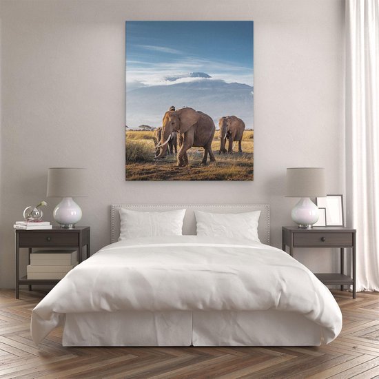 Artaza - Peinture Sur Toile - Groupe D'éléphants Marchant Devant Les Montagnes - 80x100 - Groot - Photo Sur Toile - Impression Sur Toile