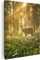 Artaza Canvas Schilderij Hert In Bos Met Zon - 80x100 - Groot - Foto Op Canvas - Canvas Print