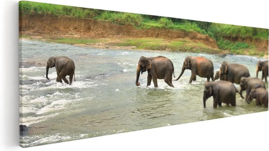 Artaza - Peinture sur toile - Troupeau d'éléphants dans l' Water - 90x30 - Photo sur toile - Impression sur toile