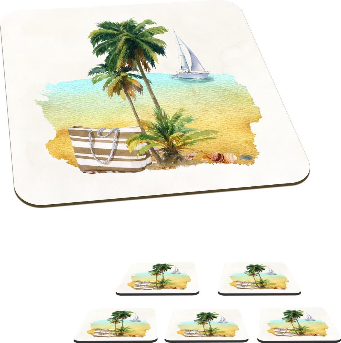 Onderzetters voor glazen - Tas - Boot - Palmboom - 10x10 cm - Glasonderzetters - 6 stuks