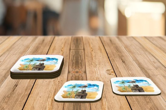 Sous-verres pour verres - Vogel - Arbre - Plage - Aquarelle - 10x10 cm - Sous-verres en verre - 6 pièces