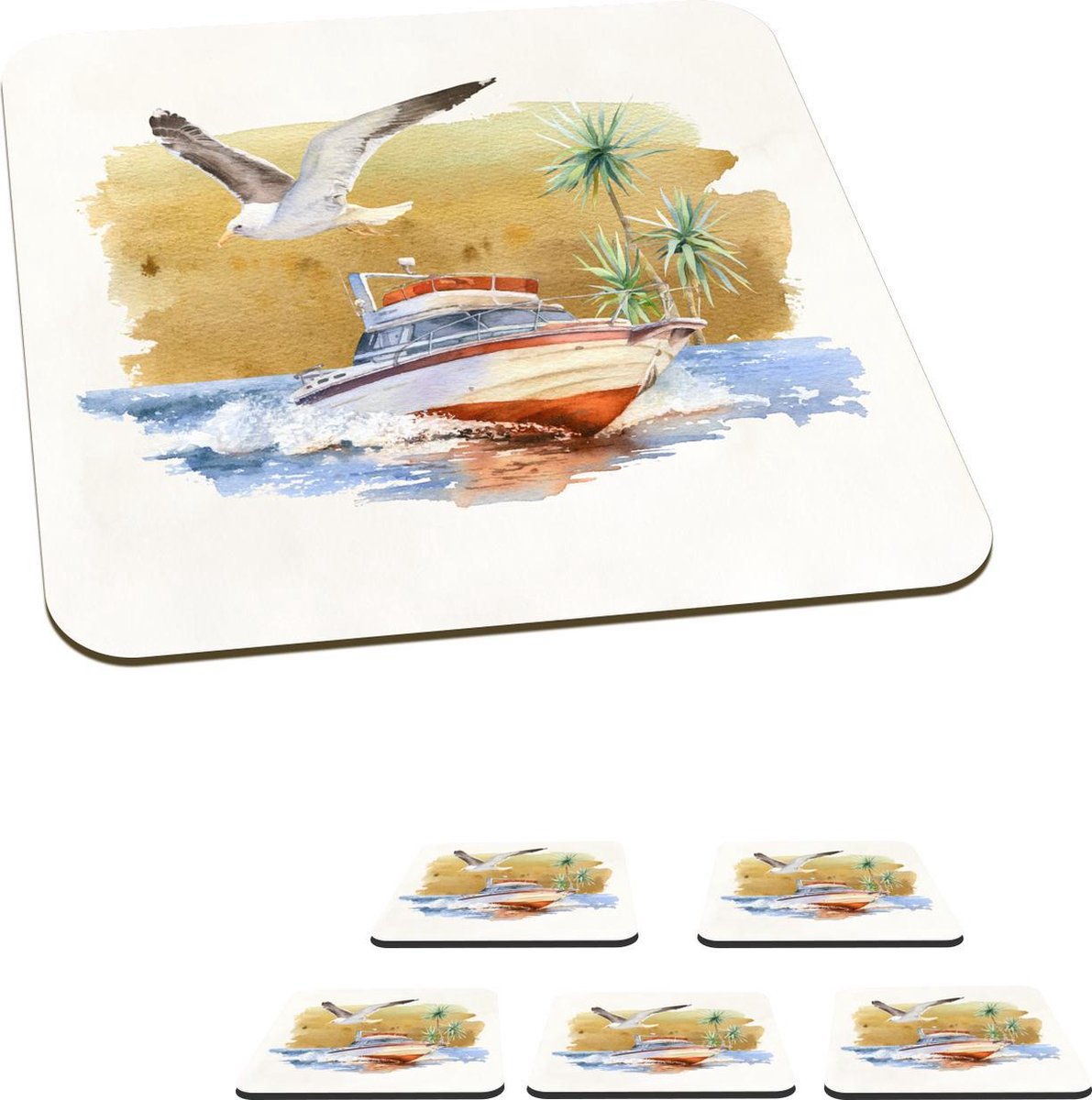 Onderzetters voor glazen - Boot - Vogel - Waterverf - 10x10 cm - Glasonderzetters - 6 stuks