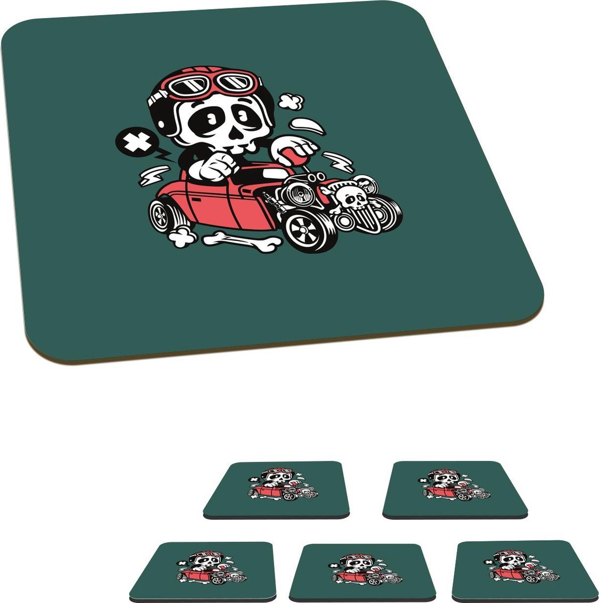 Onderzetters voor glazen - Auto - Vintage - Schedel - 10x10 cm - Glasonderzetters - 6 stuks